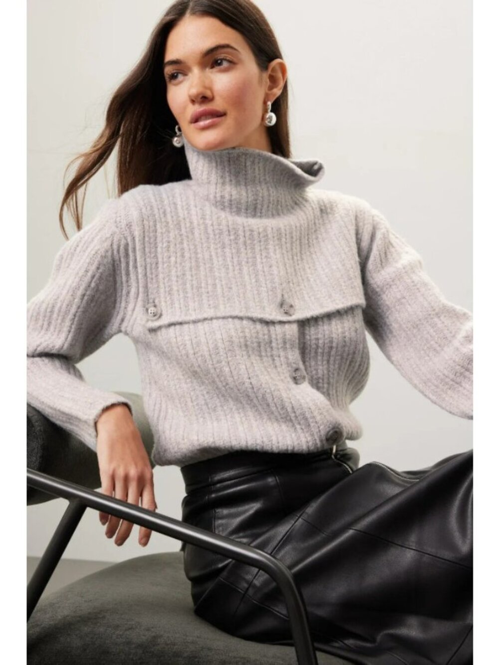 Rosetta Getty Gray Wool Convertible Button Turtleneck Sweater, Size S